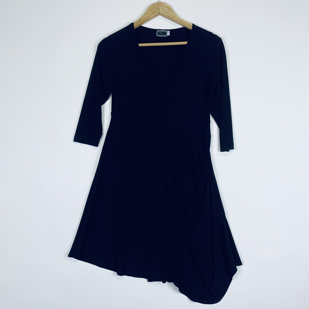 Sympli Dress Women 6 Black‎ V-Neck 3/4 Sleeve Asymmetrical Hem Lagenlook Travel
